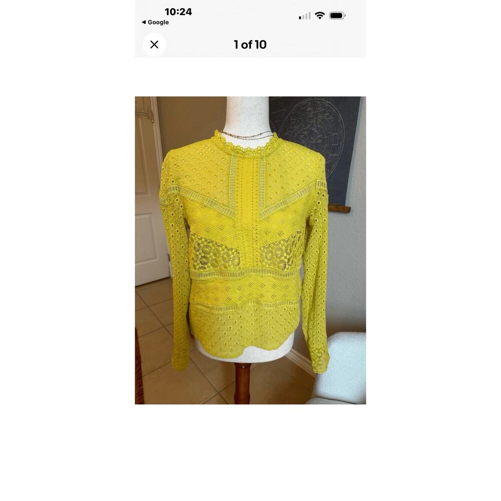 James Coviello Anthropologie Burnham Boho Lace Long Sleeve Top-Gold Yellow-Sz XS - Picture 9 of 10